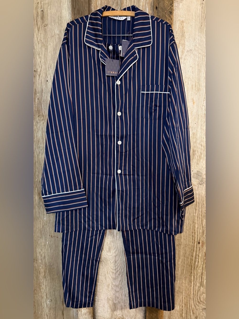 NWT $175 SYMMAR Men’s Redwood Super Soft Tencel Pajama Set Navy/Brown/White XXL